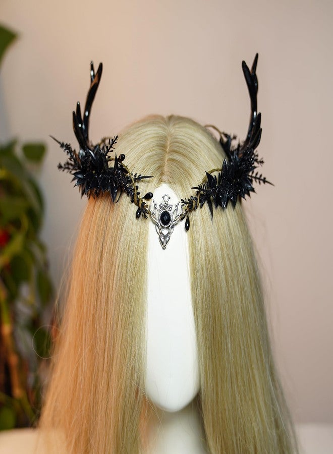MOSTORY Gothic Black Antler Crown - Dark Elf Headpiece Forest Fairy Headband Fae Deer Horns Circlet for Women Renaissance Renfaire Cosplay Goth Wedding Halloween - Image 4